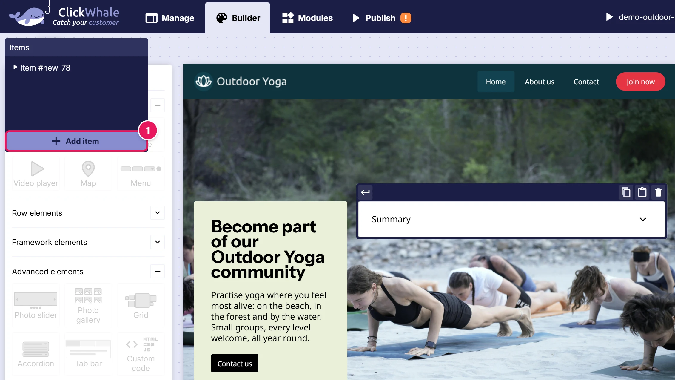 A new accordion selected in Split view, with the floating Items panel at the top left and its Add item button marked 1