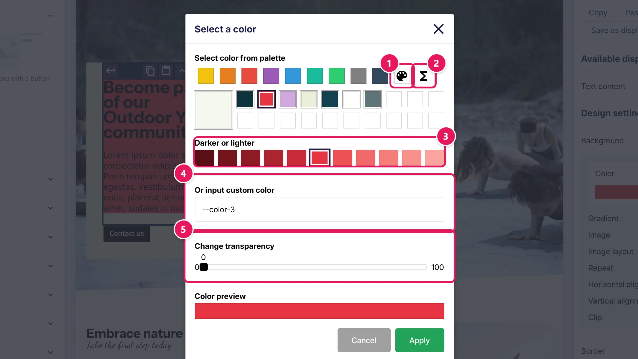 The Select a color overlay on the functions tab, with function colour 3 clicked: 1 the palette tab, 2 the functions tab, 3 the Darker or lighter row, 4 the custom colour field showing --color-3, 5 the transparency slider