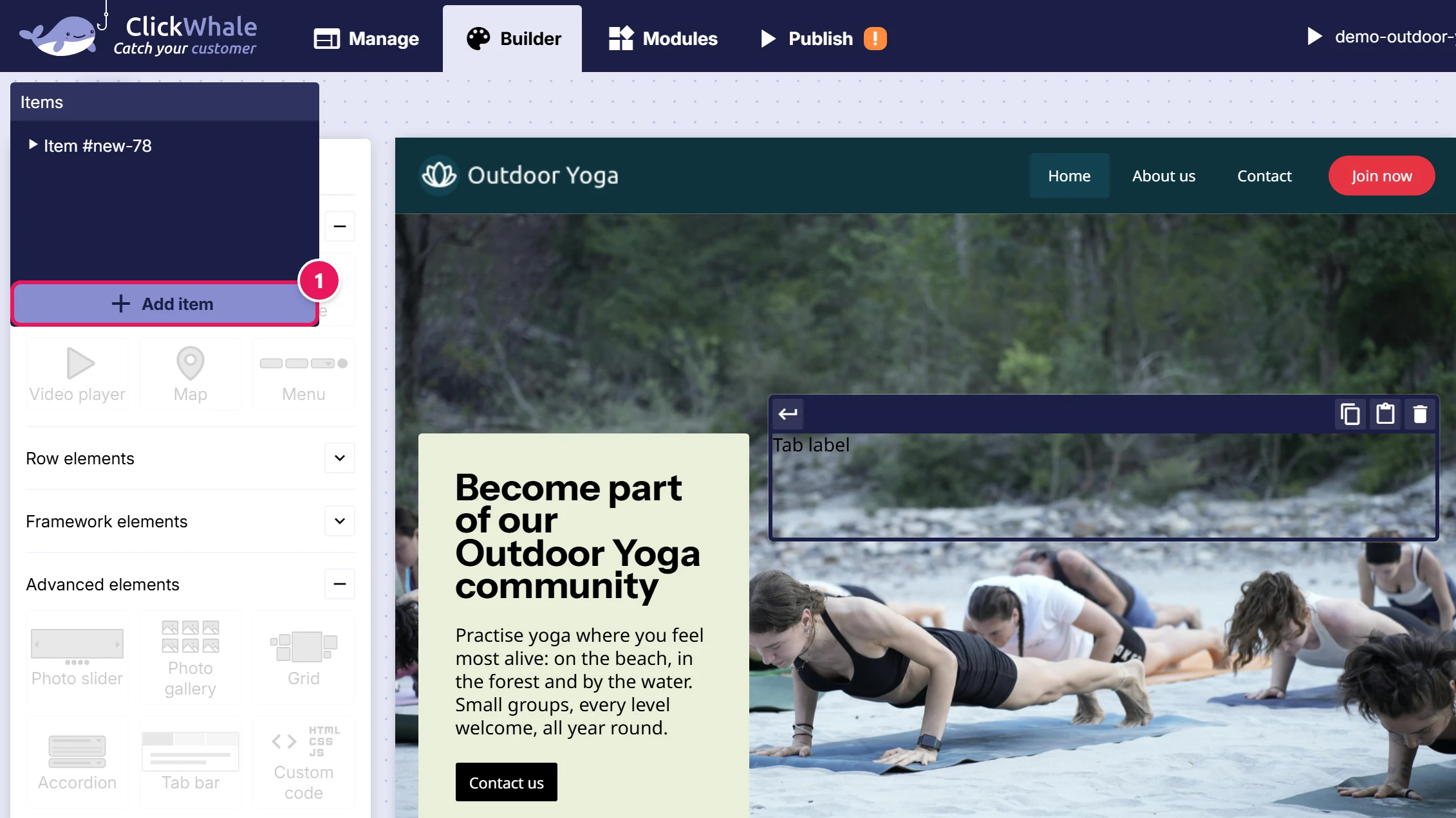 A new tab bar selected in Split view, with the floating Items panel at the top left and its Add item button marked 1