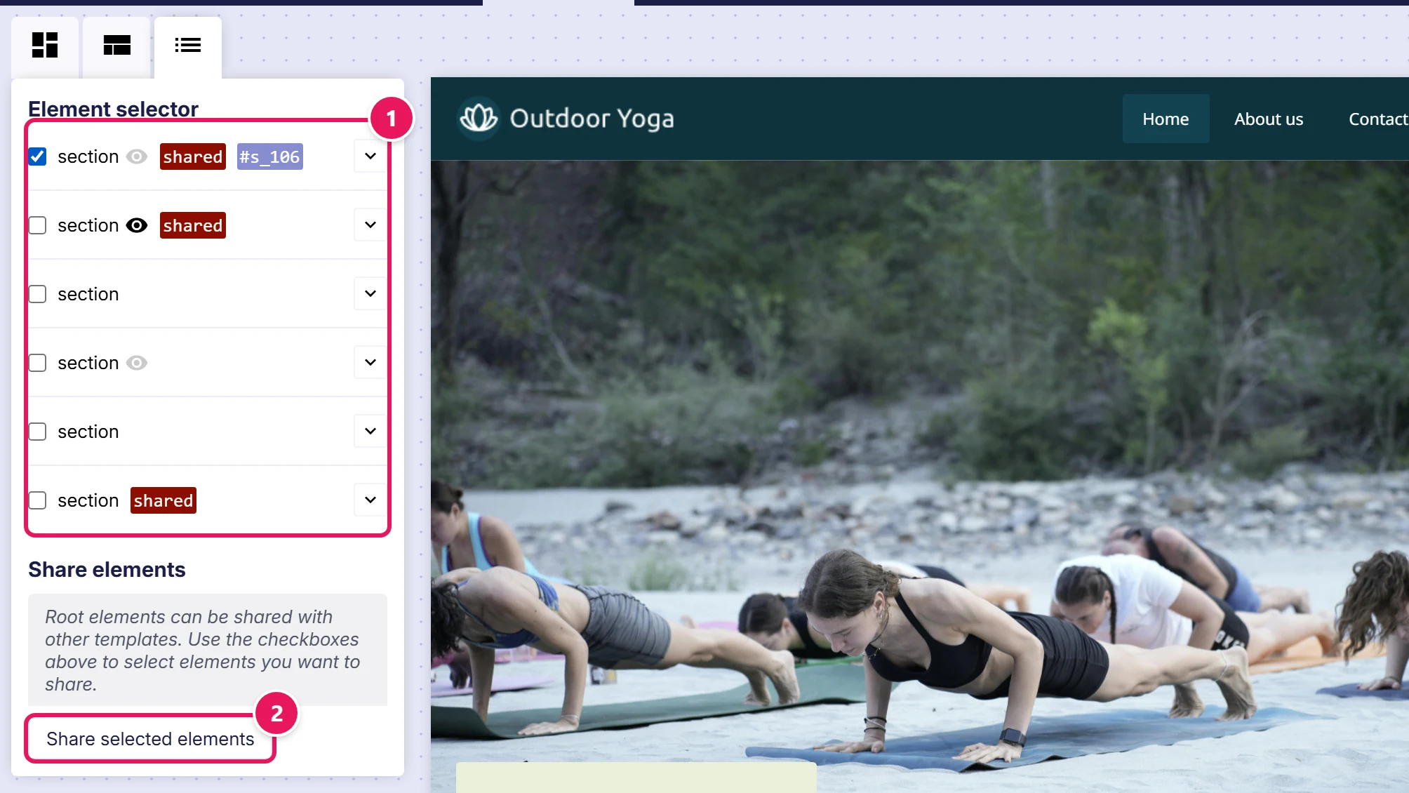 A template open in Split view: the root elements listed with checkboxes, one ticked (1), and the Share selected elements button (2) under Share elements